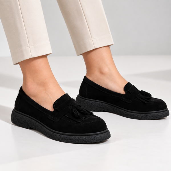 Passante Pantofi damă din piele naturală velur negri cu franjuri – mocasini casual confortabili