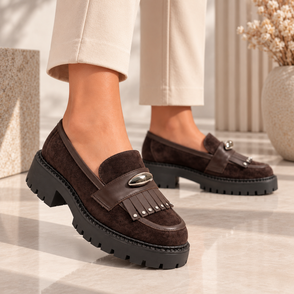 Passante Pantofi damă maro din piele naturală cu platformă, franjuri și accesorii metalice