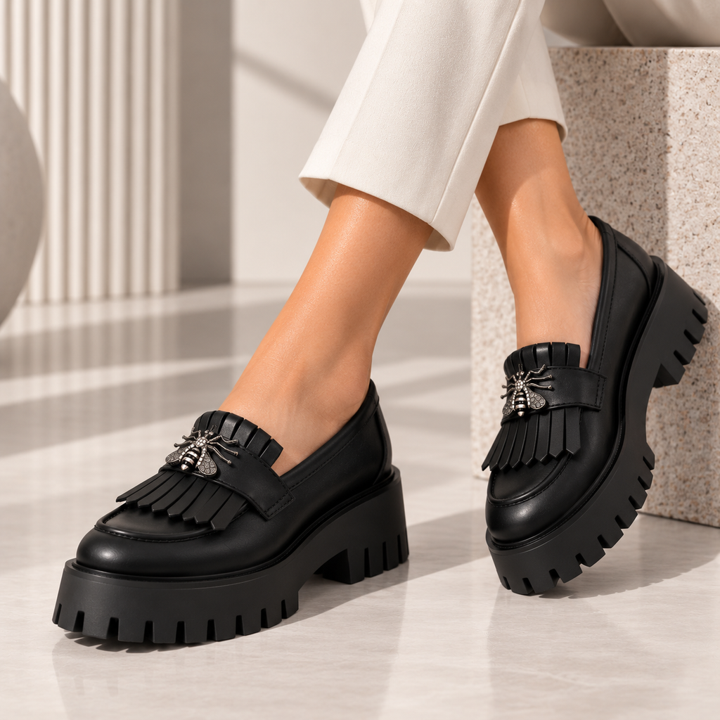 Passante Pantofi Damă Negru din Piele Naturala cu Talpă Groasă Chunky și Detaliu Metalic