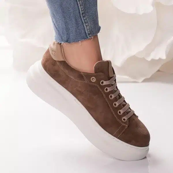 Passante Pantofi Damă Piele Naturală Camel Brown cu Șireturi – Talpă Înaltă 5 cm