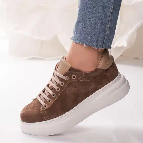 Passante Passante Pantofi Damă Piele Naturală Camel Brown cu Șireturi – Talpă Înaltă 5 cm