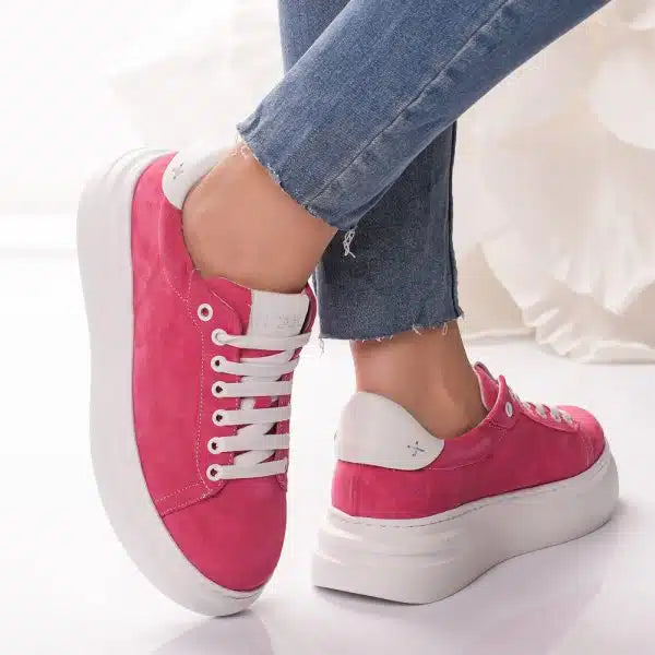 Passante Pantofi Damă Piele Naturală Fucshia cu Șireturi – Talpă Înaltă 5 cm