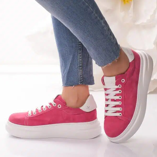 Passante Pantofi Damă Piele Naturală Fucshia cu Șireturi – Talpă Înaltă 5 cm