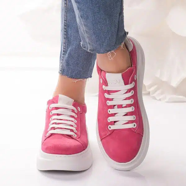 Passante Pantofi Damă Piele Naturală Fucshia cu Șireturi – Talpă Înaltă 5 cm