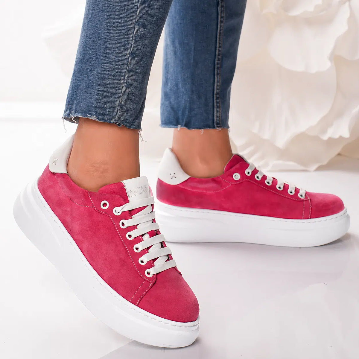 Passante Pantofi Damă Piele Naturală Fucshia cu Șireturi – Talpă Înaltă 5 cm