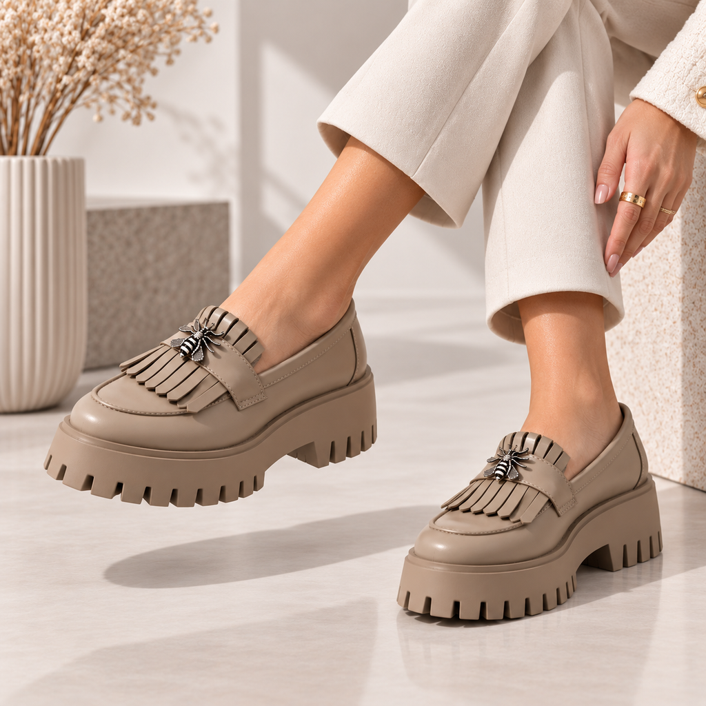 Passante Pantofi Damă Taupe din Piele Naturala cu Talpă Groasă Chunky și Detaliu Metalic